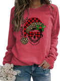 Women Long Sleeve Buffalo Plaid Santa Baby Christmas Skull Sweatshirt
