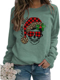 Women Long Sleeve Buffalo Plaid Santa Baby Christmas Skull Sweatshirt