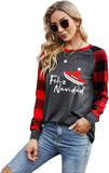 Women Feliz Navidad Shirt Santa Hat Sombrero Buffalo Plaid Sleeve Blouse