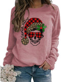 Women Long Sleeve Buffalo Plaid Santa Baby Christmas Skull Sweatshirt