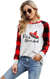Women Feliz Navidad Shirt Santa Hat Sombrero Buffalo Plaid Sleeve Blouse