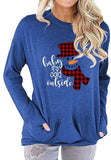 Women Pocket Blouse Checkered Stitching Christmas Snowman Print Round Neck Long Sleeve Shirt