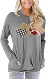 Women Long Sleeve Buffalo Plaid & Leopard Heart Blouse with Pockets