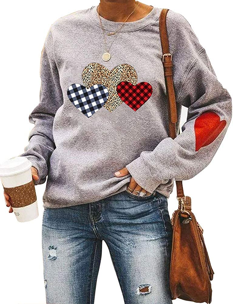 Women Long Sleeve Buffalo Plaid & Leopard Heart Sweatshirt