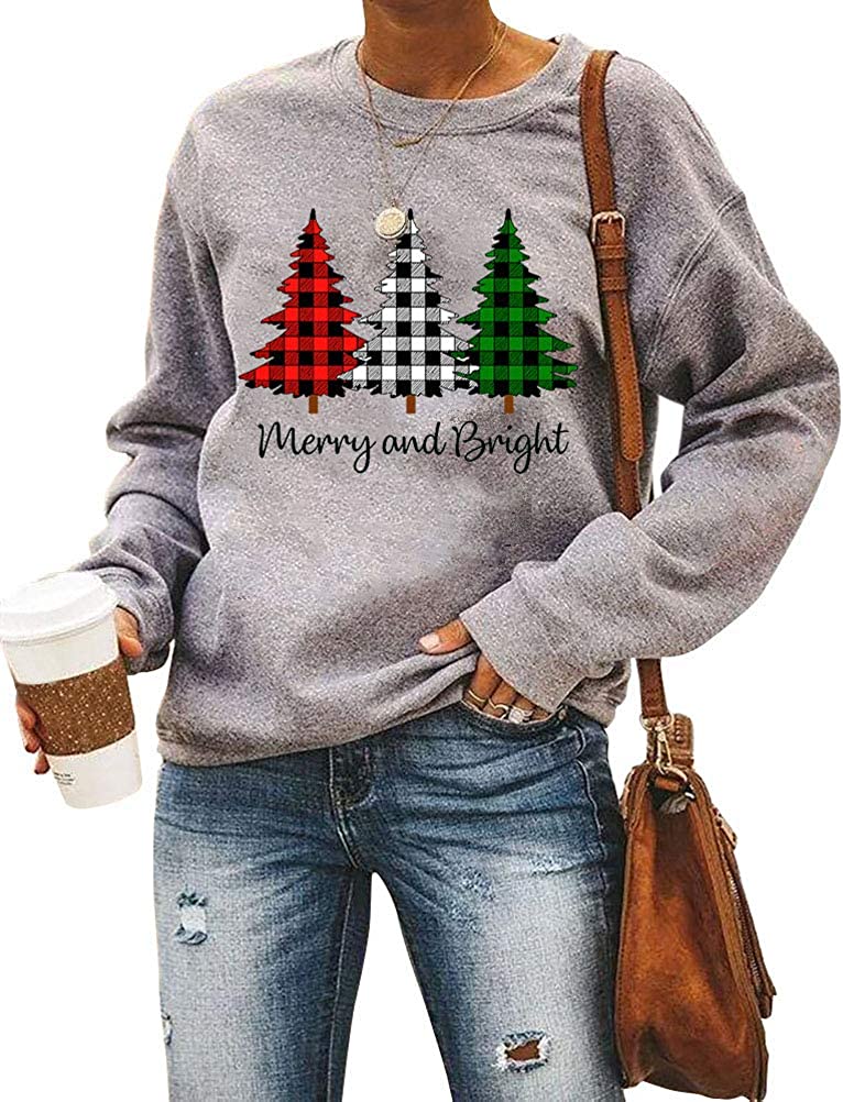 Women Long Sleeve Merry Christmas Sweatshirt Christmas Trees Sweatshirt