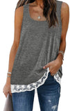 Women Fashion Tank Tops Solid Color Stitching Lace Square Round Neck Shirt