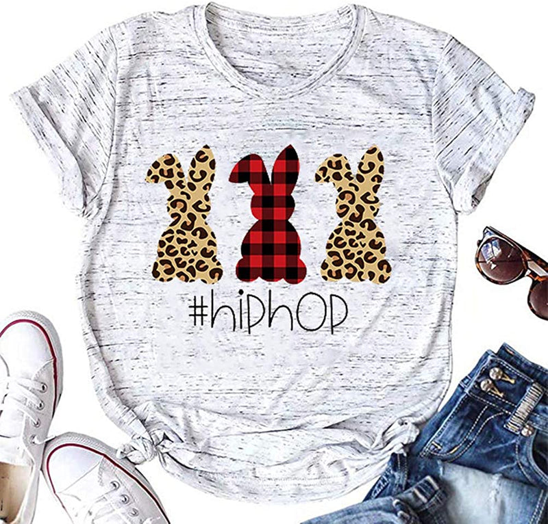 Women Hip Hop Buffalo Plaid & Leopard Bunny Easter T-Shirt