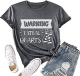 Valentines Day Heart Tees Women Warning I Steal Hearts Funny Graphic Shirt