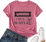 Valentines Day Heart Tees Women Warning I Steal Hearts Funny Graphic Shirt