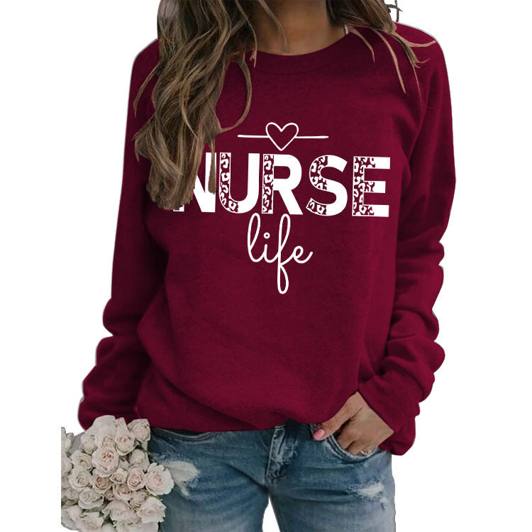 Pullover mit Rundhalsausschnitt, langärmelig, „Nurse Life“-Aufdruck, lockerer Pullover mit Quereinfassung