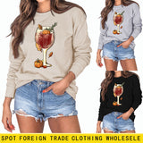 Red Wine Glass Pumpkin Printed Long Sleeve Loose Sweater