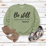 Be Still and Know Letter Print Round Neck Loose Long Sleeve Top Plus Size Pullover Fashion Sweater Girl