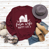 Farm Wife HAPPY Round Neck Women Long Sleeve Printed Sweater