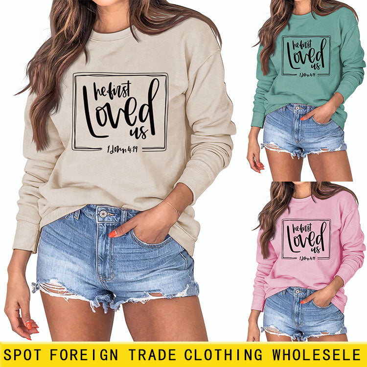 He First Loved Us Base Lettering Long Sleeved Large Sweater Women