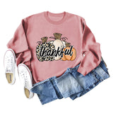 Thankful Pumpkin Leopard Print Letters Halloween Print Round Neck Long Sleeve Women's Sweatshirt