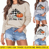 It's Fall Y'll Pumpkin Halloween Round Neck Long Sleeve Sweater Women