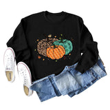 Halloween Pumpkin Leopard Print Round Neck Women's Sweatshirt Long Sleeve