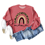 Mama Love Rainbow Leopard Print Backing Long Sleeve Round Neck Loose Sweatshirt