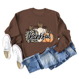 Thankful Pumpkin Leopard Print Letters Halloween Print Round Neck Long Sleeve Women's Sweatshirt