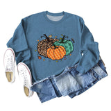 Halloween Pumpkin Leopard Print Round Neck Women's Sweatshirt Long Sleeve