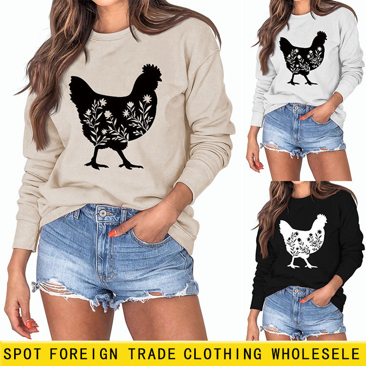 Rooster Print Long Sleeve Round Neck Sweater Women