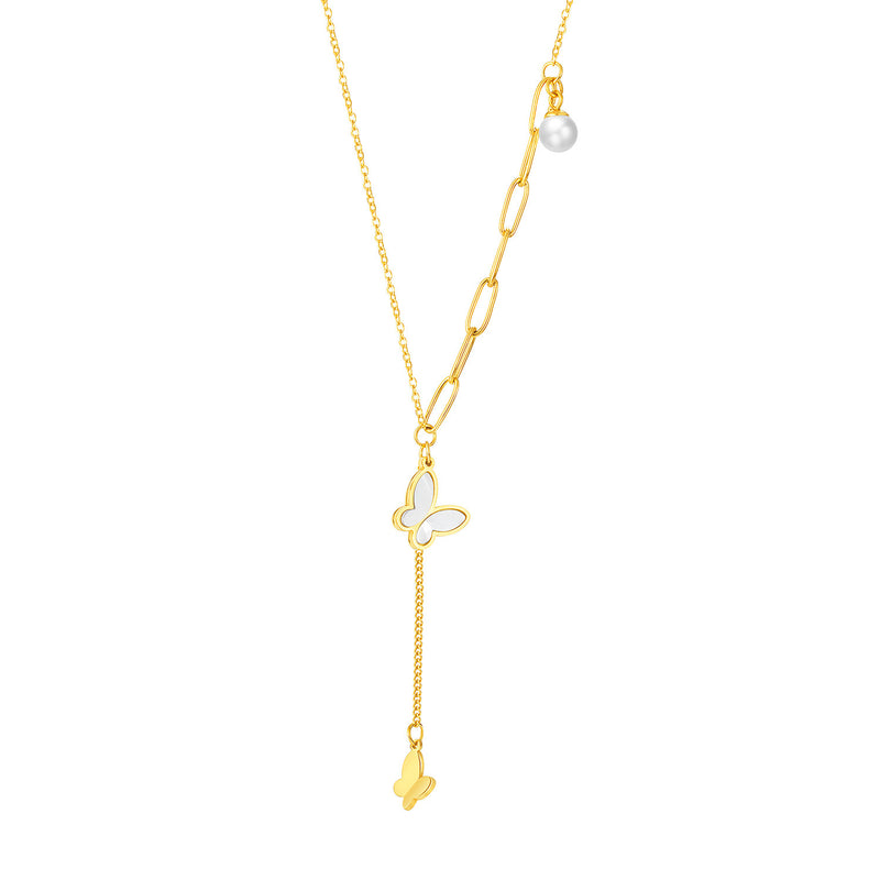 Chaîne en morceaux avec pendentif papillon tridimensionnel et collier de perles avec chaîne de clavicule assortie
