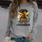 Teacherlife Apple Letter Print Loose Long Sleeve Sweater Girl
