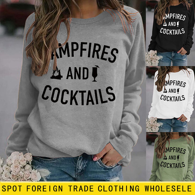 Herbst und Winter neuer Pullover für Damen mit Buchstaben-Print für Lagerfeuer und Cocktails