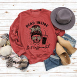 Dead Inside But Caffeinated Skull Print Round Neck Long-sleeved Sweater Women
