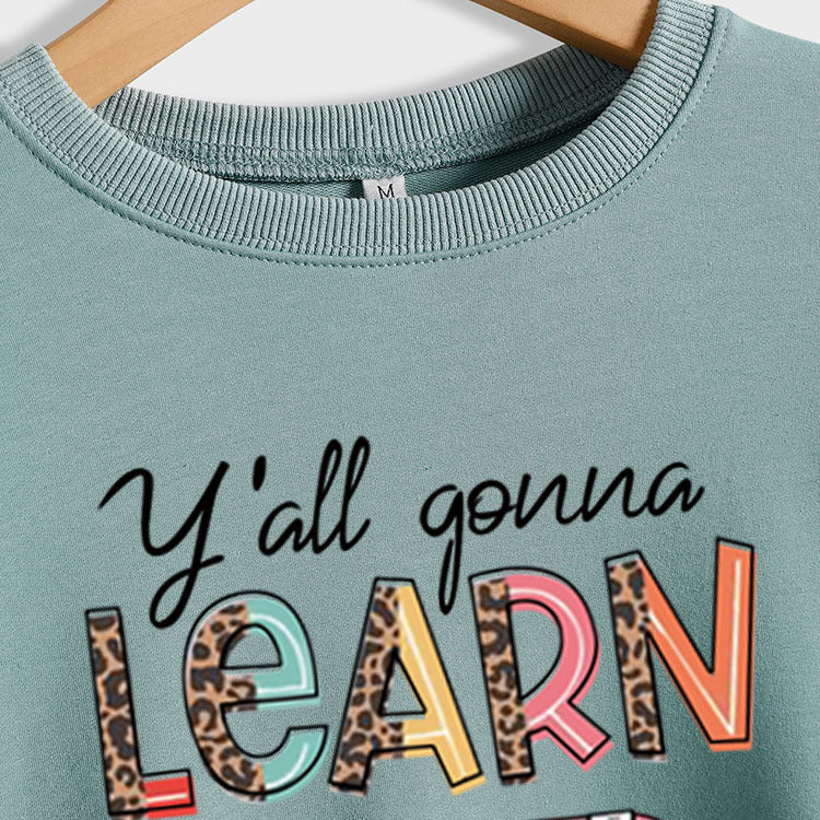 Y'all Gona Learn Today - Langarmshirt mit Leopardenmuster und Buchstaben, großer Pullover