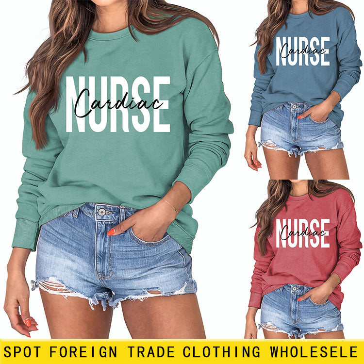 Cardiac Nurse Lettering Loose Crewneck Underneath Long-sleeved Sweatshirt
