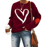Love Heart Printed Round Neck Long Sleeve Women's Loose Sweater