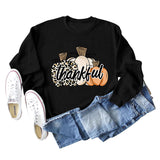 Thankful Pumpkin Leopard Print Letters Halloween Print Round Neck Long Sleeve Women's Sweatshirt
