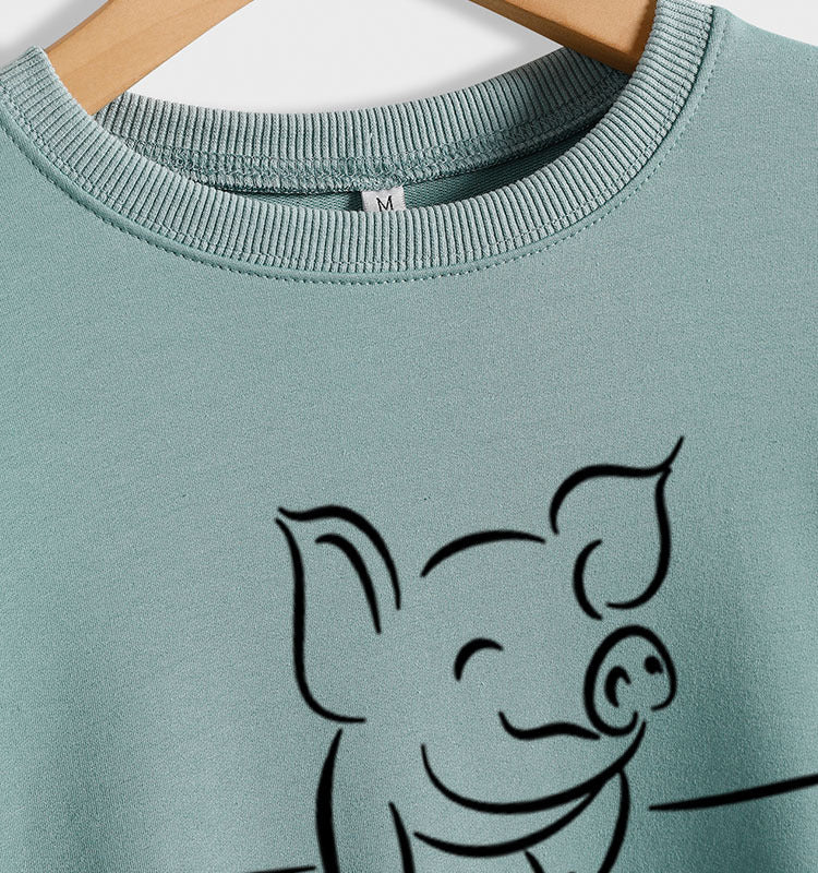 Autumn and Winter Womens Tops Cute Pig Print Casual Round Neck Sweater