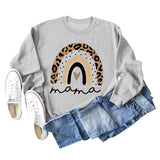 Mama Love Rainbow Leopard Print Backing Long Sleeve Round Neck Loose Sweatshirt