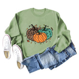 Halloween Pumpkin Leopard Print Round Neck Women's Sweatshirt Long Sleeve