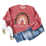Mama Love Rainbow Leopard Print Backing Long Sleeve Round Neck Loose Sweatshirt