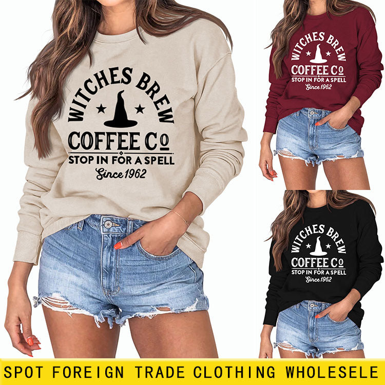 Cross Border Witches Brew Coffee Damenpullover mit Rundhalsausschnitt, lockerem Schnitt und langen Ärmeln