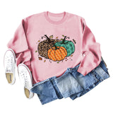 Halloween Pumpkin Leopard Print Round Neck Women's Sweatshirt Long Sleeve