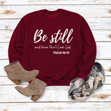 Be Still and Know Letter Print Round Neck Loose Long Sleeve Top Plus Size Pullover Fashion Sweater Girl