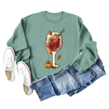 Red Wine Glass Pumpkin Printed Long Sleeve Loose Sweater