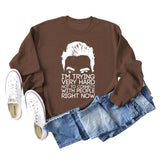 I'M TRYING VERY HARD Letters Round Neck Print Long-sleeved Large Size Sweater