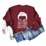 I'M TRYING VERY HARD Letters Round Neck Print Long-sleeved Large Size Sweater