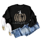 Hello Fall Leopard Print Pumpkin Letters Thanksgiving Day Long Sleeve Plus Size Sweatshirt