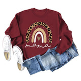 Mama Love Rainbow Leopard Print Backing Long Sleeve Round Neck Loose Sweatshirt