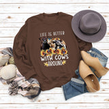 Life Is Better with Letter Cow Print Loose Round Neck Long Sleeve Sweater