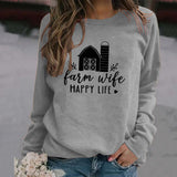 Farm Wife HAPPY Round Neck Women Long Sleeve Printed Sweater