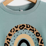 Mama Love Rainbow Leopard Print Backing Long Sleeve Round Neck Loose Sweatshirt