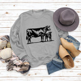 Womens Long-sleeved Cow-print Round Neck Loose T-shirt Sweatshirt