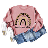 Mama Love Rainbow Leopard Print Backing Long Sleeve Round Neck Loose Sweatshirt